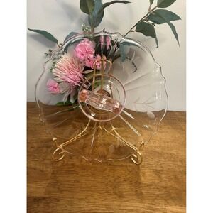 Vintage Pink Etched Glass Cake Stand Handled Dessert Plate Mid Century Serveware